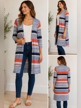 Ginger G duster, sweater light blue, orange, white & dark blues size S